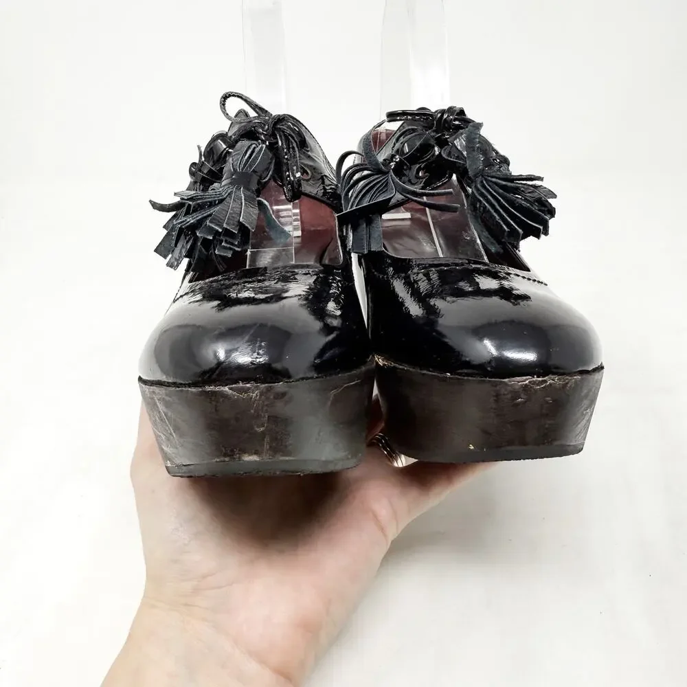 [Sonia Rykiel] Black Patent Leather Platform Wedges Tasseled Oxford Heels Sz 7.5